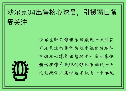 沙尔克04出售核心球员，引援窗口备受关注